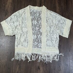 American Eagle Outfitters Cream Lace Open-Front Kimono Cardigan with Fringe